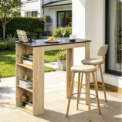 DESMIU Table de Salle à Manger Haute Rectangulaire avec 3 Étagères Latérales, pour Cuisine et Bureau, Noir Chêne, 112 × 57 × 106 cm (1/5)
