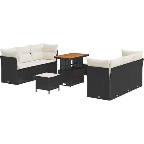Garden Sofa Set with Cushion 9 pcs Black Poly Rattan vidaXL