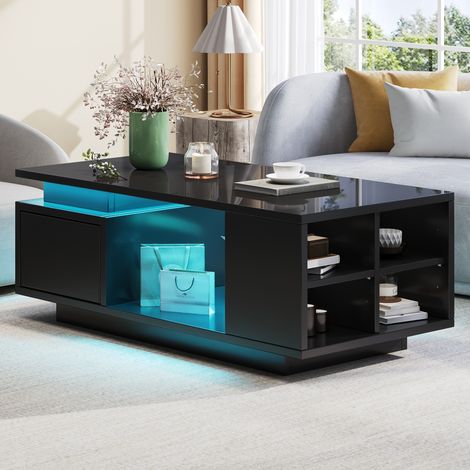 Table basse moderne LED 100x50x36cm 1 Tiroir 4 Compartiments rangement Canapé table salon Noir brillant