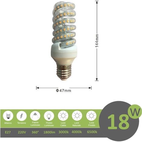 Lampadina led E27 18w tortiglione vortice luce spirale attacco grande bianca fredda naturale calda  Naturale (1/2)