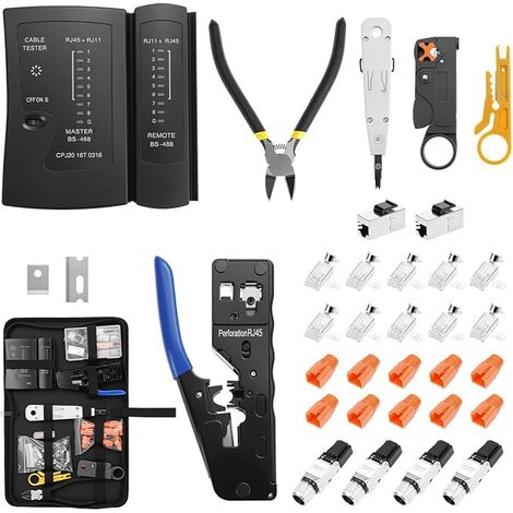 Set d'outils réseau – Pince à sertir RJ45 passante pour Cat7, Cat6, Cat5, incluant un testeur de câble LAN et accessoires (1/5)