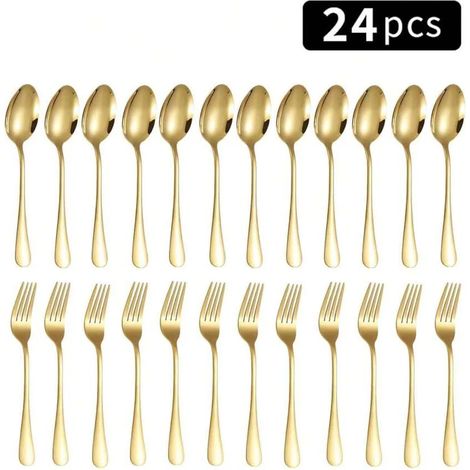 (Or) Ensemble de 24 pièces de fourchettes et cuillères en acier inoxydable, adapté aux cuisines domestiques. (1/5)