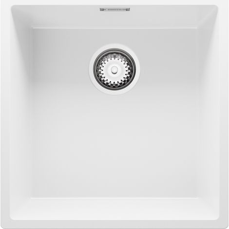 PRIMAGRAN Evier Cuisine en Granit 46x47cm, Lavabo 1 bac + Kit de Vidage, Évier à Encastrer au meuble 50cm - London Slim, Blanc (1/5)