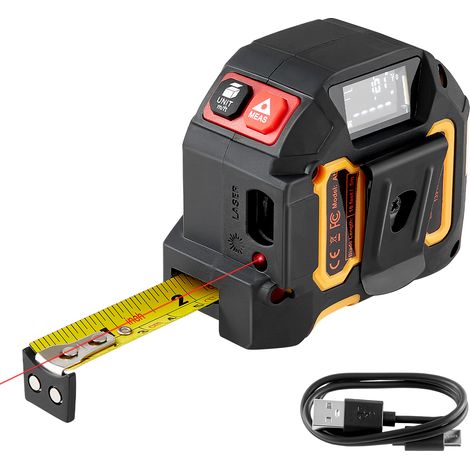 VEVOR Metro a Nastro Laser, 1 PZ, Strumento di Misurazione Laser Ricaricabile da 41 m e Metro a Nastro da 4,8 m con Magnetico, 4 Modalita, Lunghezza, Area, Volume, Continuo, Unita ft/in/m/ft+in