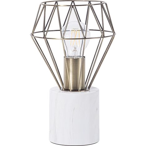 Lámpara de mesa luz de noche dorada metal pantalla de jaula de diamantes base redonda aspecto de mármol Mooni