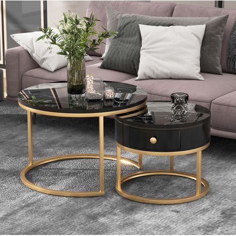 Tables basses gigognes rondes 2 pièces en MDF noir effet marbre brillant, gain de place, 70 cm (1/5)