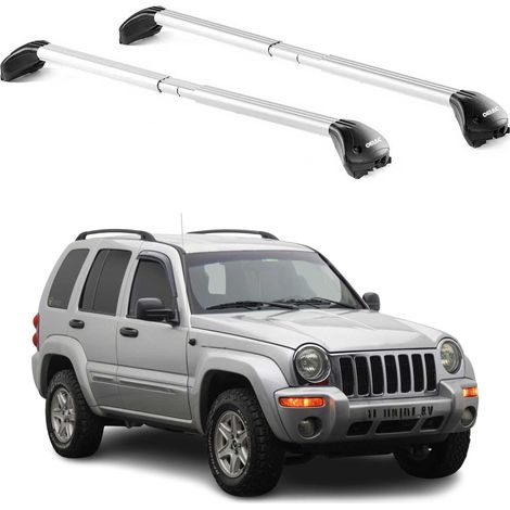 OMAC Barres de toit transversales certifiées TÜV pour Jeep Cherokee KJ 2002-2007 – Verrouillables (4 antivols) – Charge max 100 kg – Sangle inox + protection caoutchouc Argent (1/4)