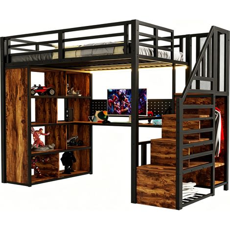 Lit mezzanine métallique 90 x 200 cm avec armoire et compartiments de rangement, escalier, bureau avec prises aux normes européennes, panneau perforé et bande lumineuse LED, grande armoire de rangemen (1/5)