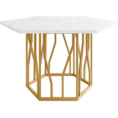 Mesa de comedor hexagonal moderna efecto mármol MDF y metal dorado HOMVRA (1/5)