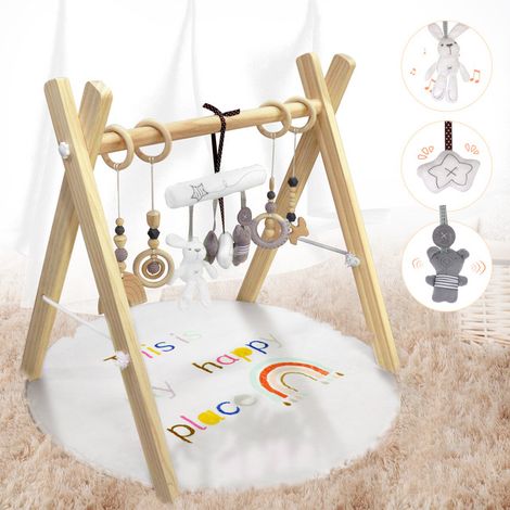 Magicfox – Tapis d'éveil pour bébé – En bois de pin non noué – 24' x 19' x 20' – 8 jouets amovibles – Ultra-doux et transportable