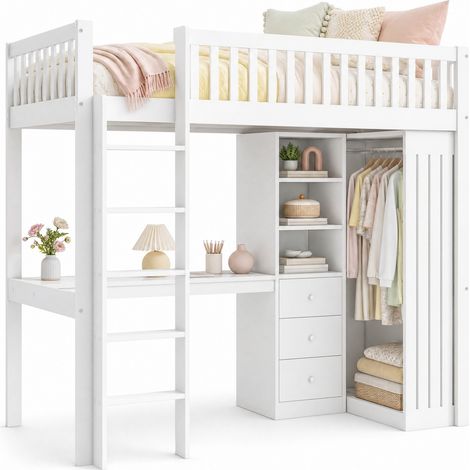 Lit mezzanine 90x200 cm avec bureau, armoire, 3 tiroirs, rangements ouverts, garde-corps et escalier, blanc pour chambre enfant sans matelas – CHICFURN (1/5)