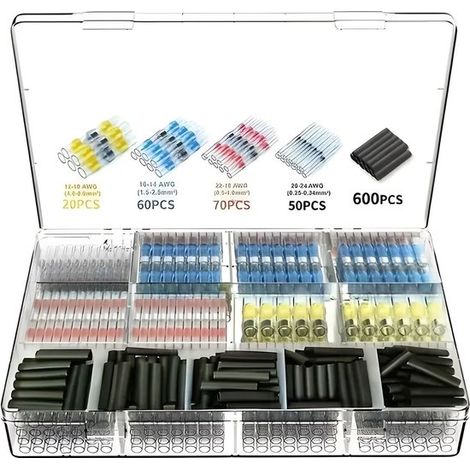 Kit di 800 connettori termorestringenti impermeabili a saldare per cavi, terminali per cavi a bassa temperatura con scatola di stoccaggio. (1/5)