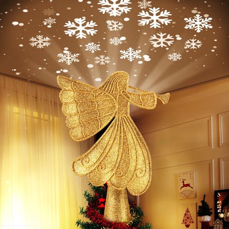 Ange de Noël au sommet du sapin avec projecteur de flocons de neige LED intégr, Décorations de sapin de Noël, Décoration de Noël 3D pailletée (1/5)