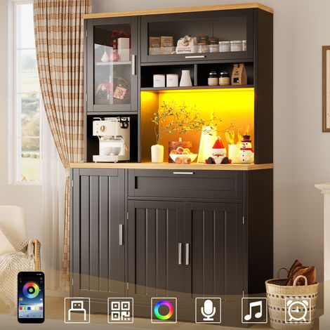 Buffet de Cuisine Haute 104x40x180 cm Meuble de Rangement avec Éclairage LED Réglable, 1 Tiroir de Rangement et 5 Portes - Noir (1/5)