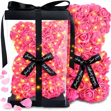 Ours en peluche en pétales de rose - Cadeau de Saint-Valentin/Journée des femmes - Taille XXL - Magnifique + LED