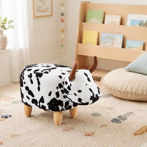 Poggiapiedi a forma di mucca 62 x 35 x 36 cm in lino bianco e nero con gambe in legno DESVIAE (1/5)