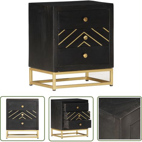 The Living Store Table de chevet Noir et doré 40x30x50cm Bois de manguier massif - Table De Chevet - Table Nuit - Mobilier Chambre - Bois De Manguier - Design Retro (1/5)