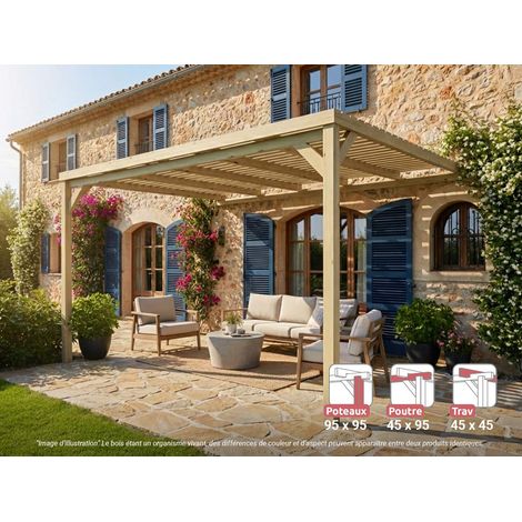Pergola adossée en bois Montpellier 420 x 300 cm + 2 supports surélevés - Maderland
