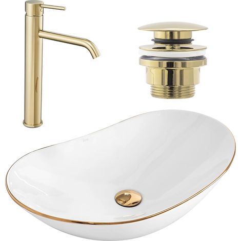 REA SET VON AUFSATZWASCHBECKEN ROYAL GOLD EDGE + WASCHBECKENARMATUR LUNGO GOLD + STÖPSEL GOLD