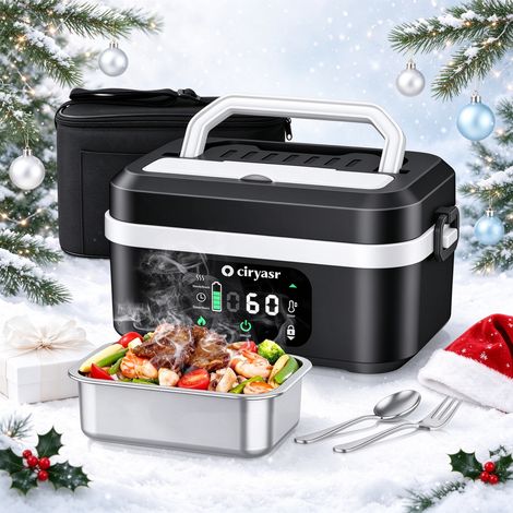 Boîte à déjeuner chauffée, bol de chauffage intelligent de 1.35L avec écran tactile, boîte à déjeuner chauffage rapide portable avec vaisselle en acier inoxydable et sac isolé pour bureau de voiture