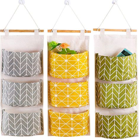 Sac De Rangement Murale - En Coton Et Lin Avec Doublure PE Imperméable - 67 X 20 Cm - Pour Clés, Bijoux, Courrier, Télécommandes - Lot De 3 (1/5)