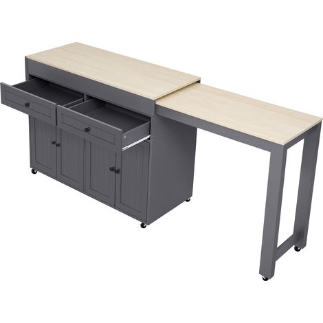 Kücheninsel mit Ausziehbarer Arbeitsplatte und 7 Rollen für Küche und Esszimmer aus MDF 112-180,5x45x92,2 cm Grau Natur (1/5)