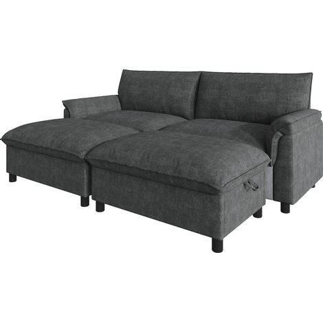 Canapé d'angle modulaire Cloud en tissu chenille noir avec 2 poufs mobiles, dossier haut, finition confortable, dimensions 216 × 82 × 77 cm (1/5)