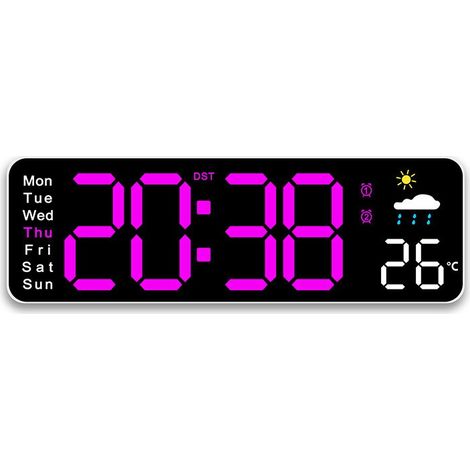 Horloge murale LED avec thermomètre, alarme, calendrier perpétuel, affichage de la semaine, style minimaliste moderne, noir coquillage, lumière rose rouge (1/5)