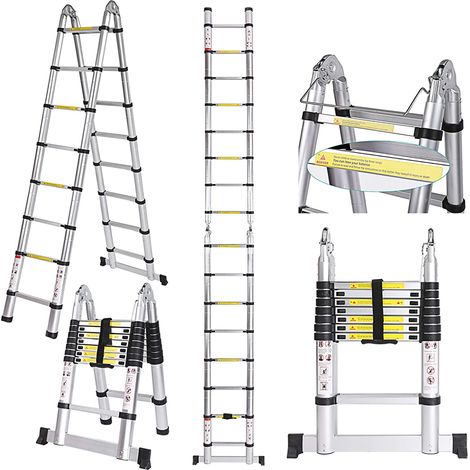 Escalera Telescópica Extensible, Escalera Plegable de Aluminio, Peldaños Retráctiles Capacidad de Carga Máxima 150 Kg 5M(2,5m + 2,5m)