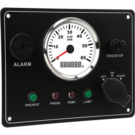 Armaturenbrett-Anzeige für Motoren bis 6000 U/min: Öldruck, Wassertemperatur, Alarm, Drehzahlmesser für Boote und LKWs (24 V) (1/5)