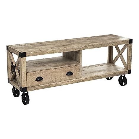 Atmosphera – Meuble TV bois de manguier massif et métal noir – 1 tiroir et 2 niveaux de rangement – Dimensions L. 140 x l. 40 x H. 58 cm (1/5)