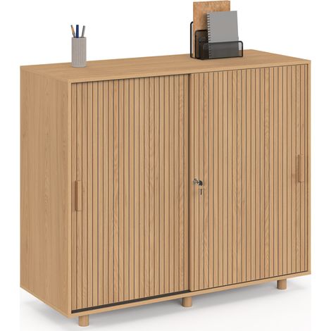 Armoire basse de bureau 2 portes coulissantes verrouillables JULIETTE effet lattes tasseau bois