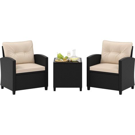 COSTWAY Set Salotto da Giardino in Rattan PE, Set da Esterno con 2 Poltrone Divani, 2 Cuscini e Tavolo Piano in Vetro Temperato, Set Attedo Giardino Resistente, per Balcone, Patio e Terrazza (Beige) (1/5)