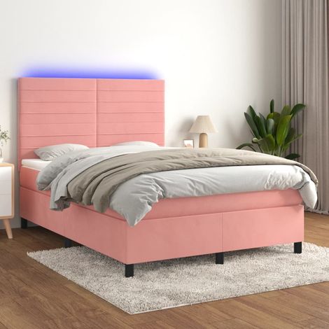 Sommier tapissier avec matelas et LED Lit adulte Contemporain Rose 140x200 cm Velours 63152