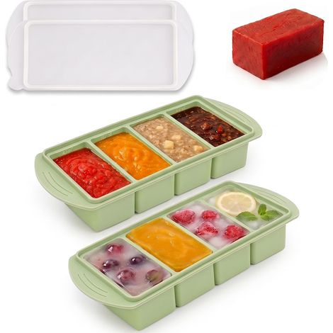 Silicone Freezing Molds with Lid, 2 Pack Mint Green, Stackable, 2 x 4 Compartments 250 ml, Graduation for Soup Broth Sauce Baby Puree Meal Prep, BPA Free (1/5)