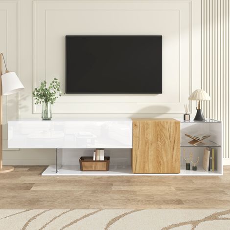 Meuble TV laqué blanc 180 cm finition bois, étagères verre, design minimaliste et rangement pratique, fabrication de qualité (1/5)
