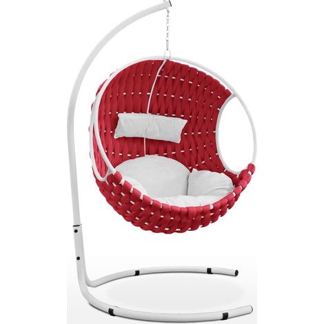 EVERGREENWEB - Dondolo da Giardino in Tessuto Rosso Imbottito Intrecciato a Mano, Elegante Poltrona Sospesa da Esterno o Interno Casa, Sedia Completa di Struttura in Acciaio e Cuscini Super Soft DUBAI (1/4)