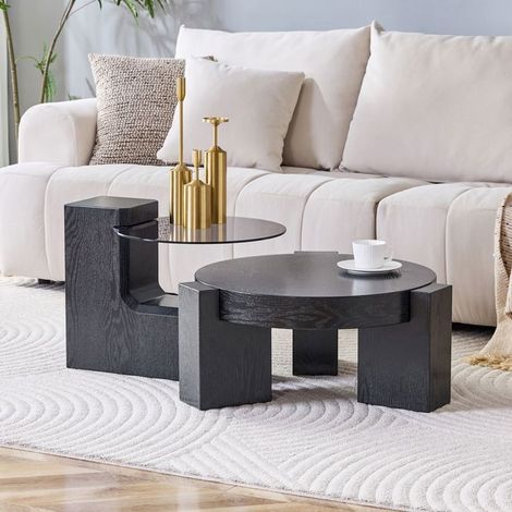 Table basse - WESTYLE - Set 2 pièces - Plateau verre gris transparent - Piètement MDF bois noir - Design rond 2 niveaux (1/5)