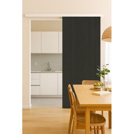 Porte Coulissante Effet Chêne Anthracite Grey Oak H204 X L83 Cm, Rail Alu Bandeau Blanc Gd Menuiseries
