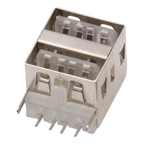 Connecteur USB femelle double couche, montage horizontal sur panneau prise USB 2.0, conception compacte à 90°, type A femelle, hauteur 11,5 mm, double port. Bord droit blanc, 11,5 mm de hauteur.