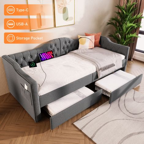 Letto imbottito, lettino, divano letto, letto contenitore, struttura letto con funzione di ricarica USB Type C e 2 cassetti, 90x200 cm in lino grigio (senza materasso) (1/5)