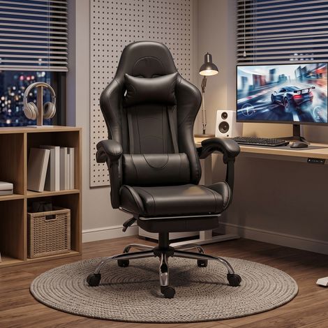 Chaise Gaming Ergonomique avec Coussin Lombaire Massant, Fauteuil Gaming Inclinable en Cuir Synthétique, Noir (1/5)
