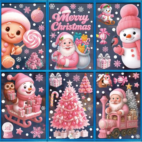 Autocollants décoratifs roses pour fenêtres, sapin de Noël, bonhomme de neige, autocollants pour fenêtres, cerf de Noël, flocons de neige, autocollants statiques