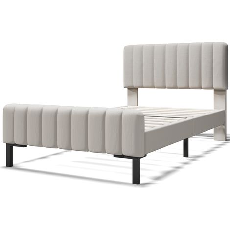 Letto singolo imbottito 90 x 200 cm con rete a doghe e testiera regolabile, grigio-beige in lino (1/5)