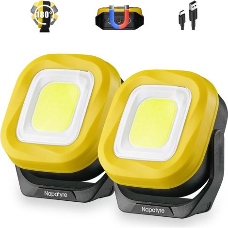 Faro LED ricaricabile, lampada da lavoro portatile a LED da 1000 lm con base magnetica a 180°, 4 modalità, lampada da lavoro da 2000 mAh per campeggio, cantiere, garage, officina (confezione da 2)