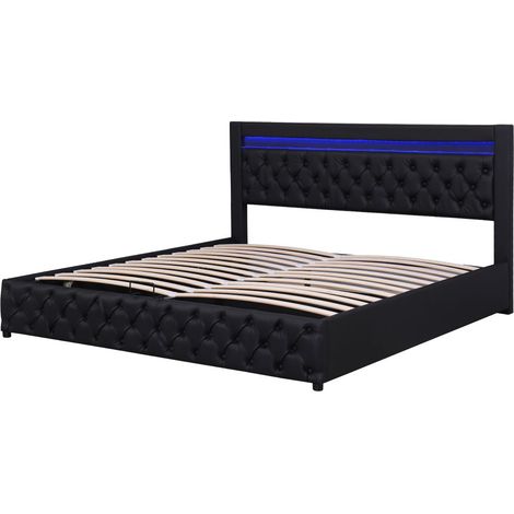 Lit rembourré avec éclairage LED et fonction de rangement, noir, PU -160 x 200 cm (1/5)