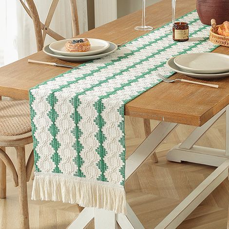 1 Camino de mesa, algodón y lino, estampado patchwork, borlas, estilo bohemio, para comedor (1/5)