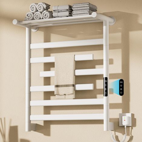Badheizkörper Elektrisch 360W, Handtuchheizkörper Elektrisch 30-70 °C, 6 Stangen (3 Armen Drehbar 180°), Handtuchtrockner Elektrischer Handtuchwärmer mit Ablage, 66X55cm, Weiß (1/5)