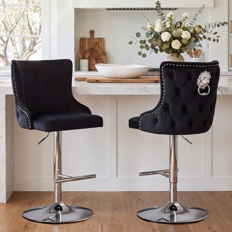 Wahson Barhocker 2er Set Samt höhenverstellbar, modernes Design Löwenring-Zuggriff Gepolsterte Sitzhöhe einstellbar 60-82cm für Küche & Bar, Schwarz
