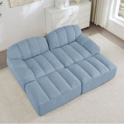 Divano modulare 2 posti con 2 pouf, schiuma 32D, tessuto morbido, blu, REDOM (1/5)
